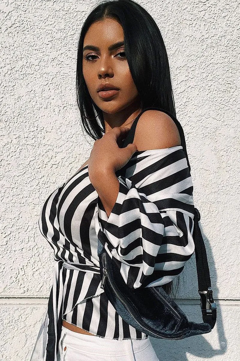 Black and White Striped Plunge Top with Ruched Sleeves - Semaya