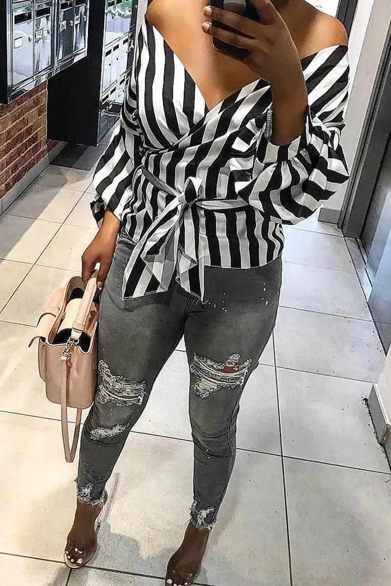 Black and White Striped Plunge Top with Ruched Sleeves - Semaya