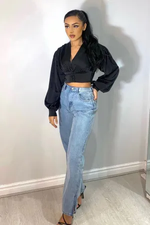 Black Button Front Plunge Satin Crop Top - Khali