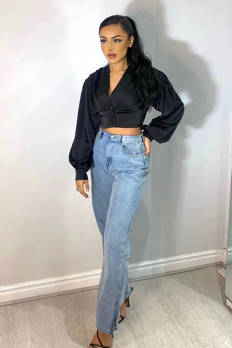 Black Button Front Plunge Satin Crop Top - Khali