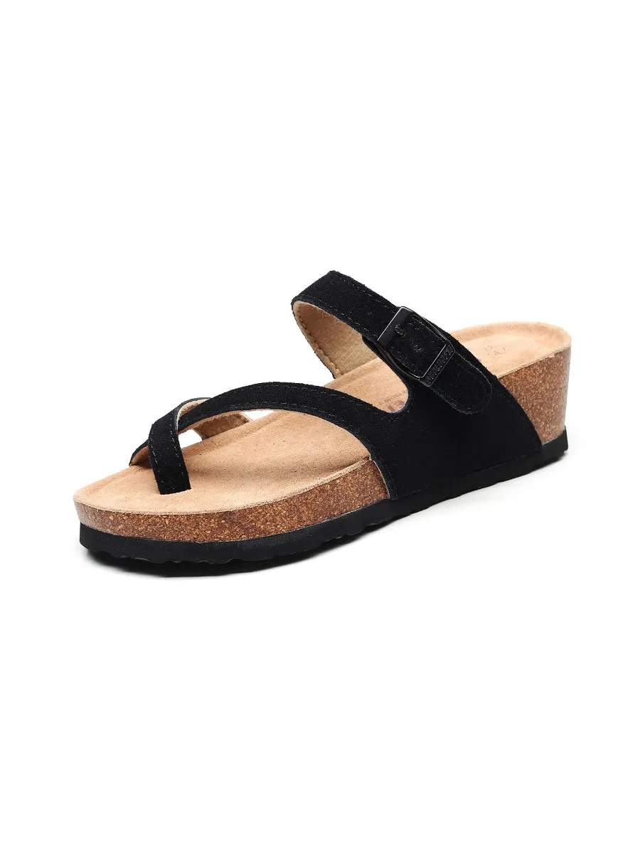 Black Criss Cross Toe Suede Upper Wedge Sandal