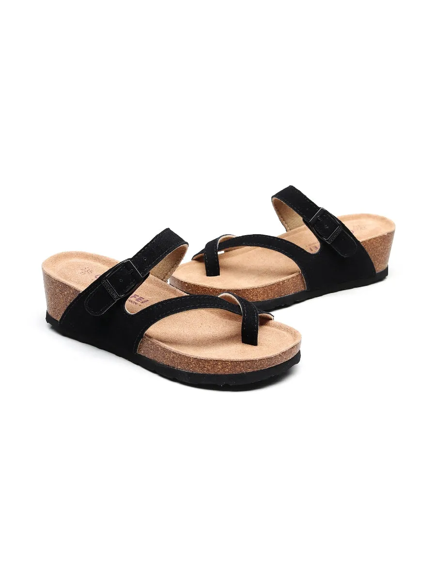 Black Criss Cross Toe Suede Upper Wedge Sandal