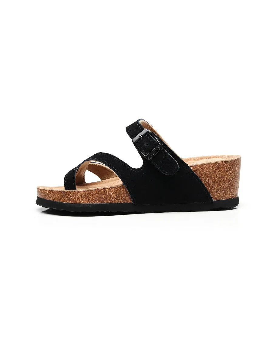 Black Criss Cross Toe Suede Upper Wedge Sandal