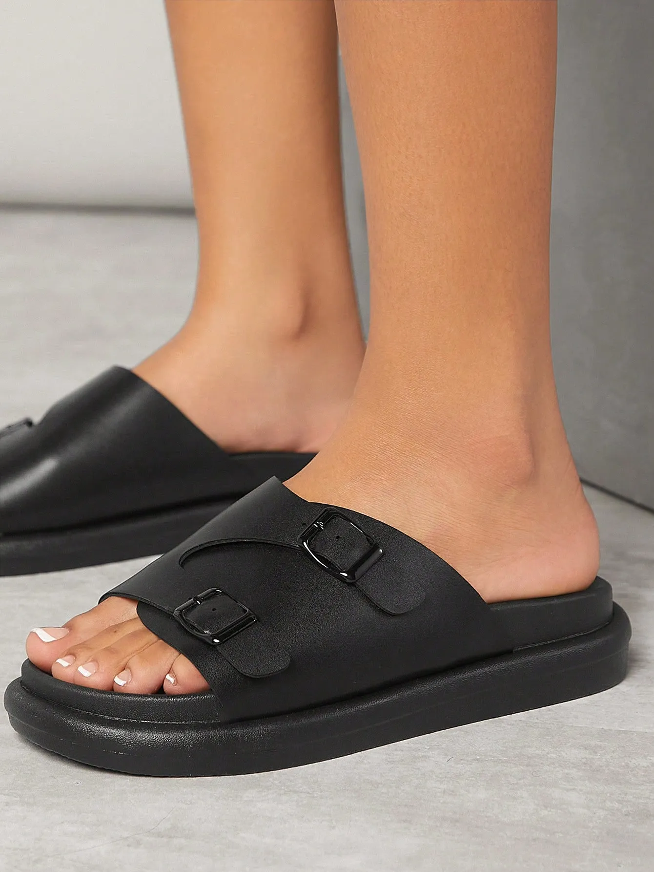 Black Double Buckle Wedge Heel Platform Sandals