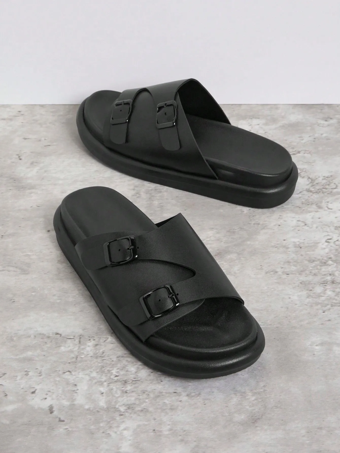 Black Double Buckle Wedge Heel Platform Sandals