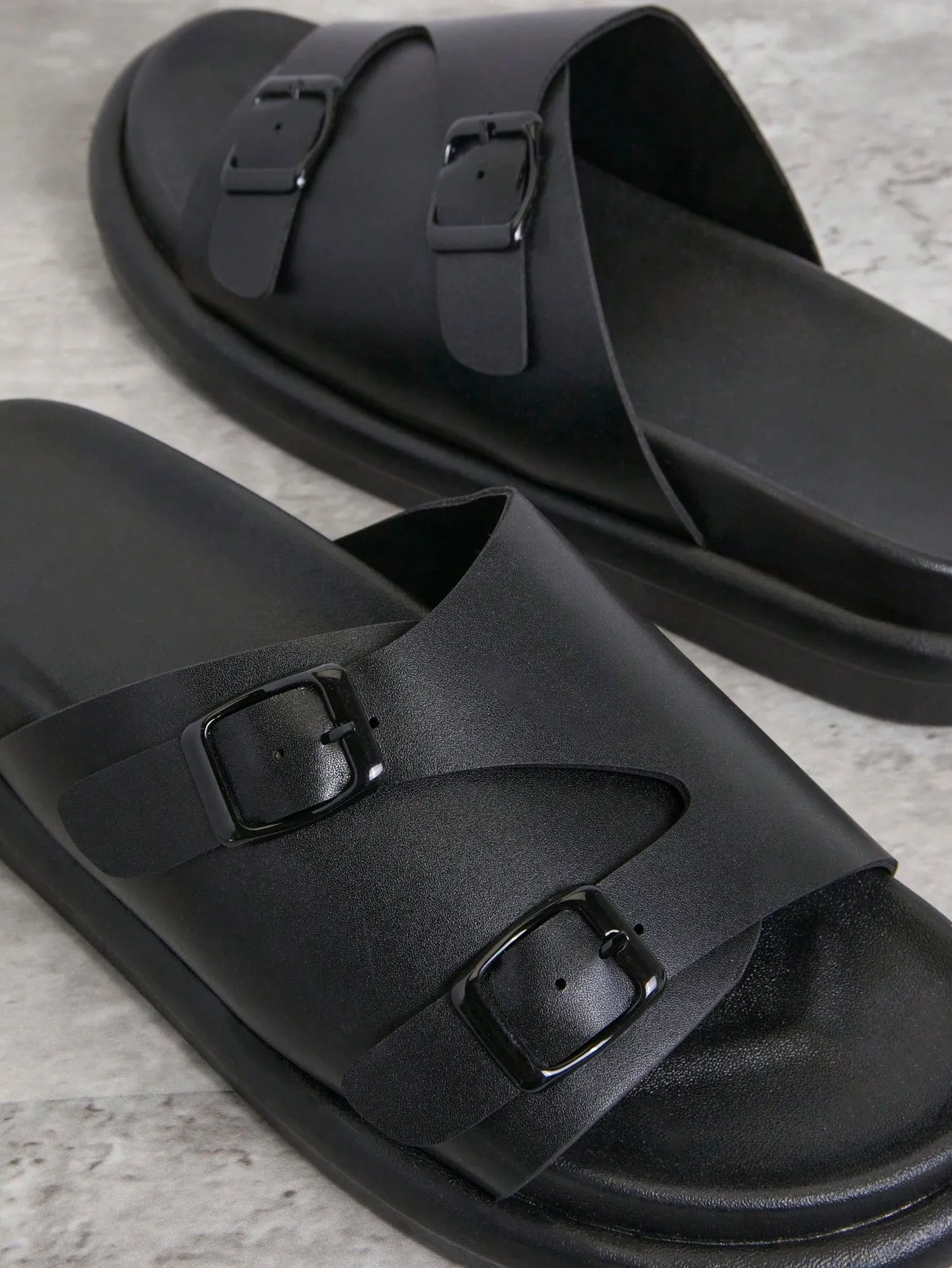 Black Double Buckle Wedge Heel Platform Sandals