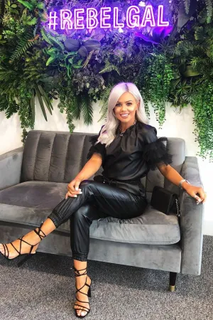 Black Faux Leather Organza Frill T-shirt - Maegan
