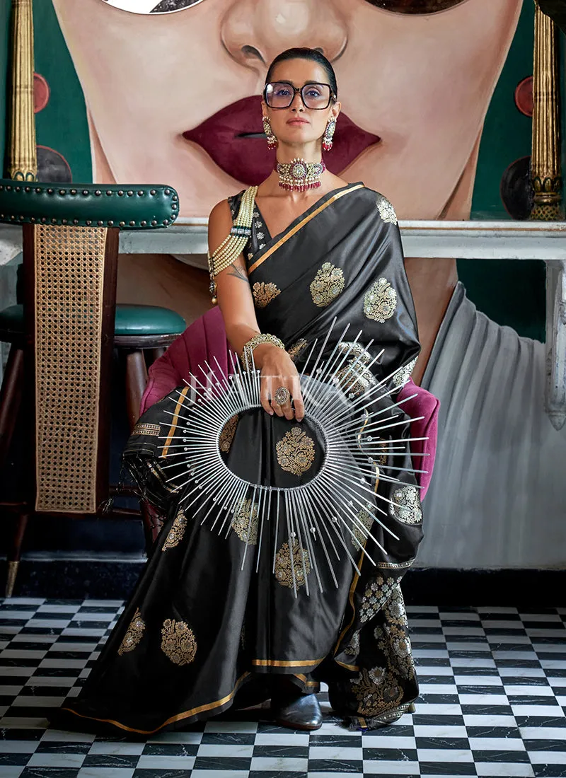 Black Golden Handloom Silk Saree