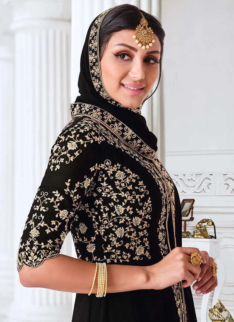 Black Heavy Embroidered High Slit Anarkali Suit
