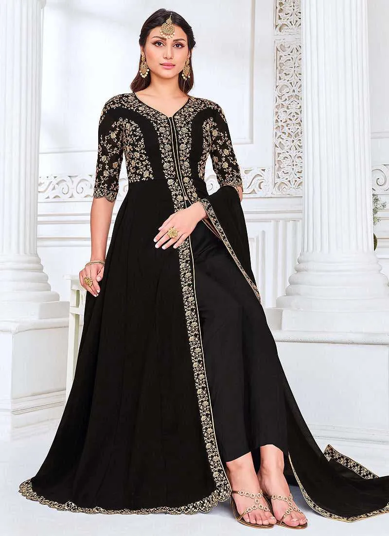Black Heavy Embroidered High Slit Anarkali Suit