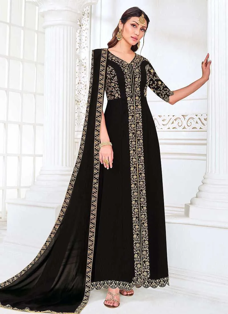 Black Heavy Embroidered High Slit Anarkali Suit