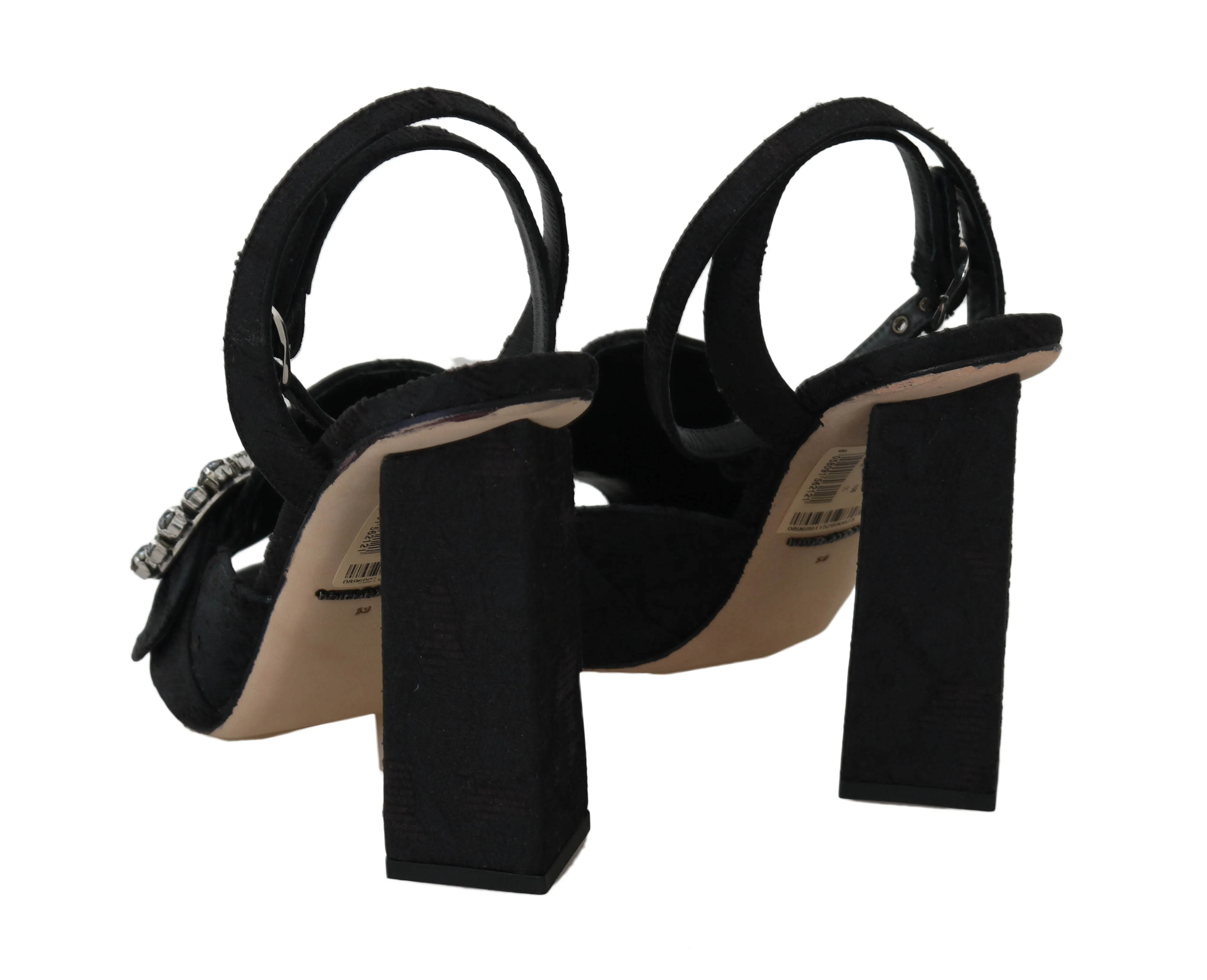 Black Jacquard Crystal Heels Sandals