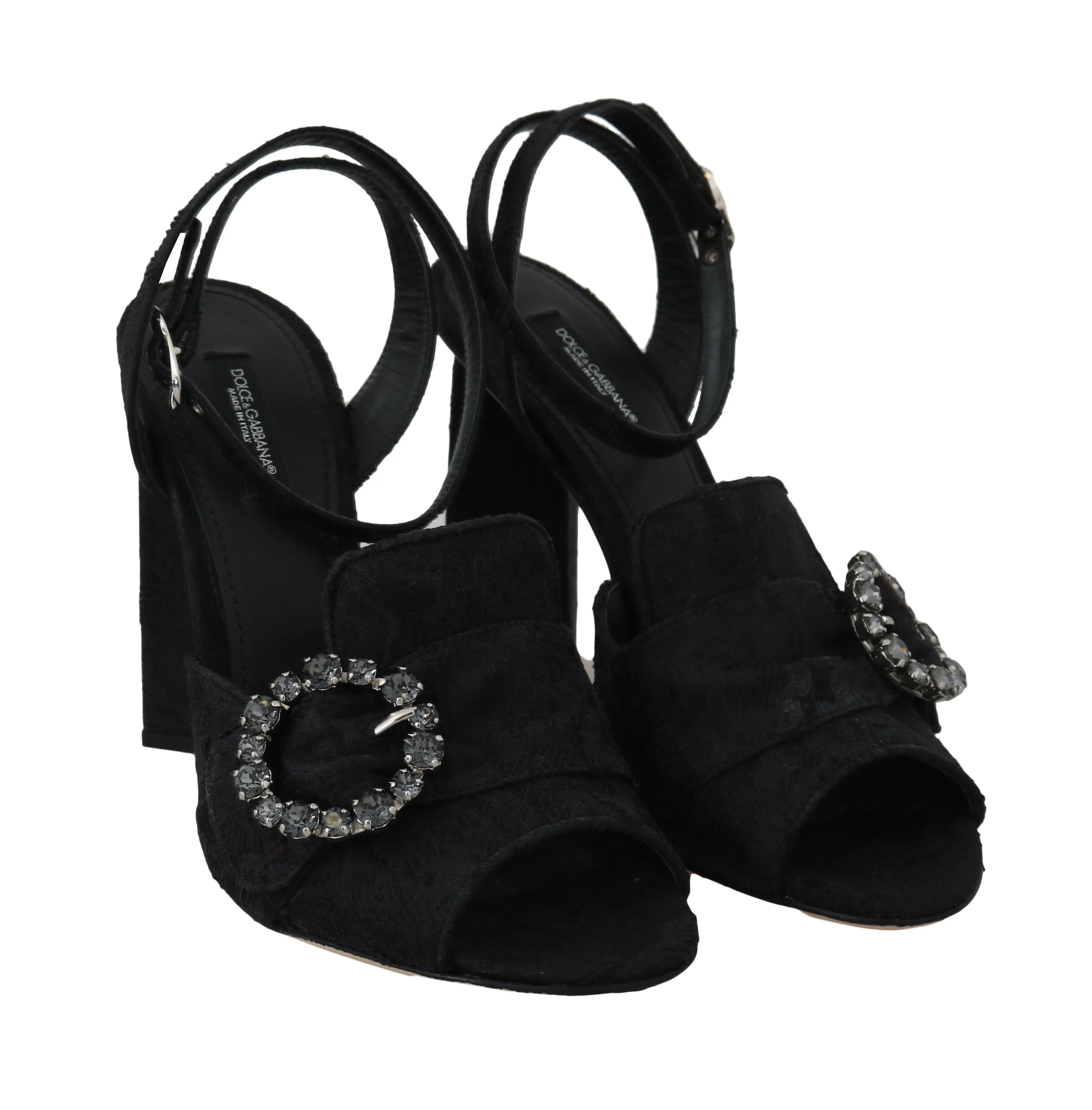 Black Jacquard Crystal Heels Sandals