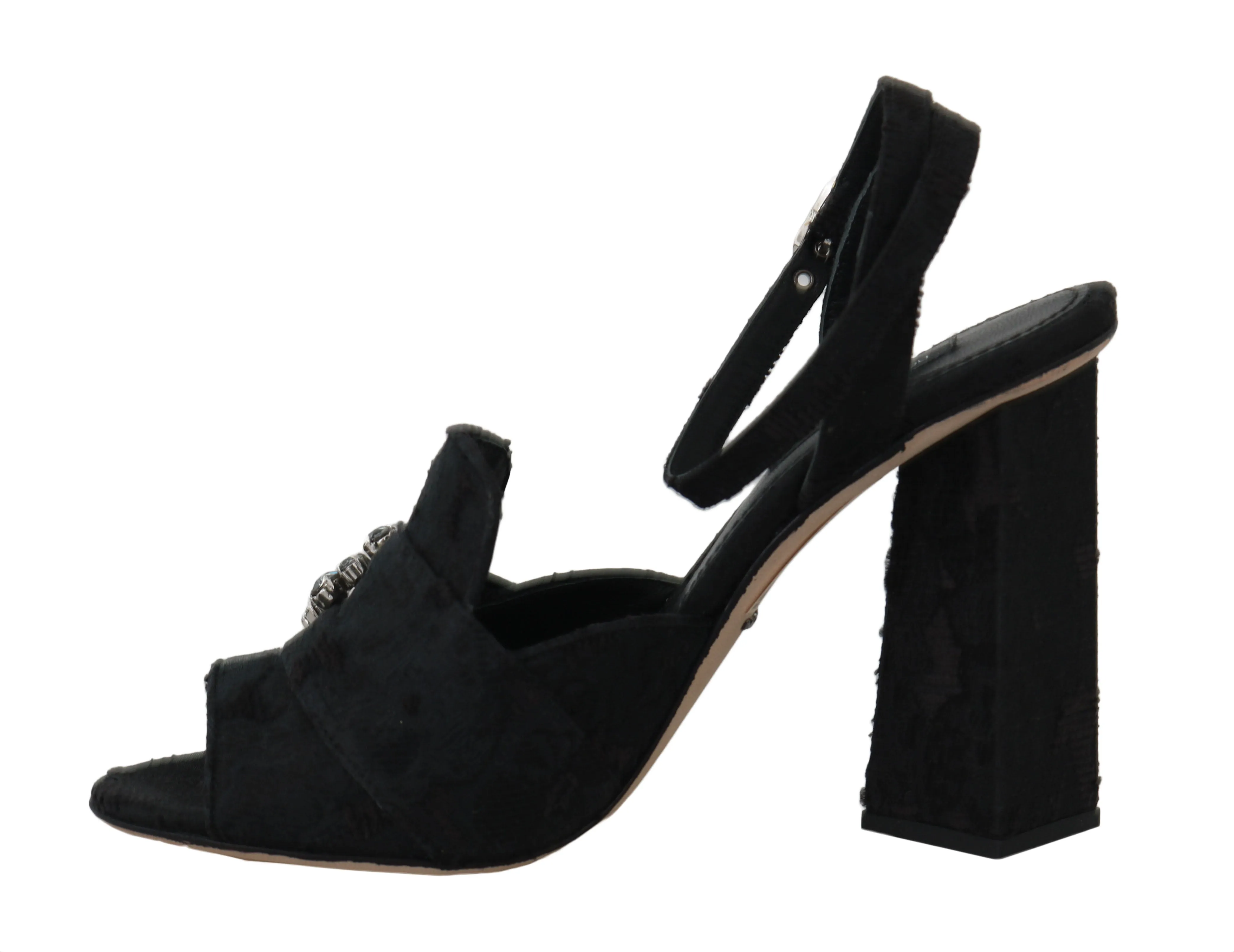 Black Jacquard Crystal Heels Sandals