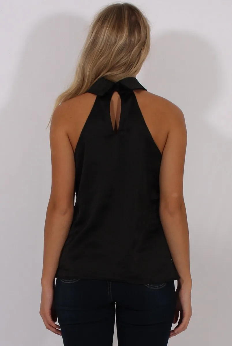 Black Satin Dipped Hem Collar Top - Davina