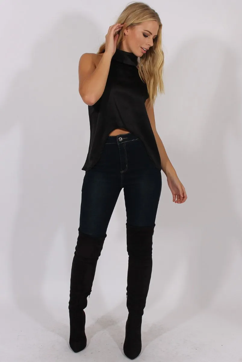 Black Satin Dipped Hem Collar Top - Davina