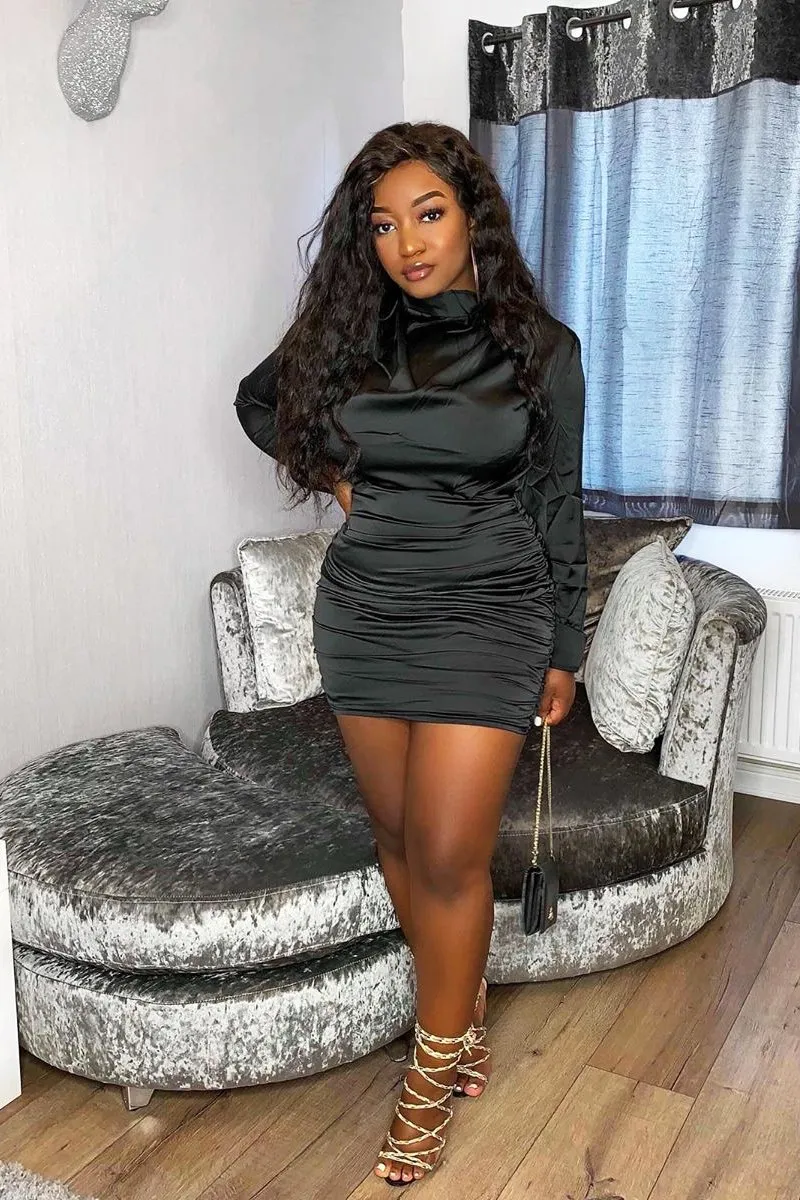 Black Satin High Neck Ruched Side Detail Dress - Rae