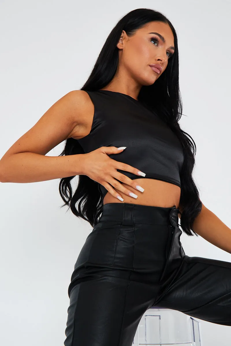 Black Satin Lace Up Back Crop Top - Esti
