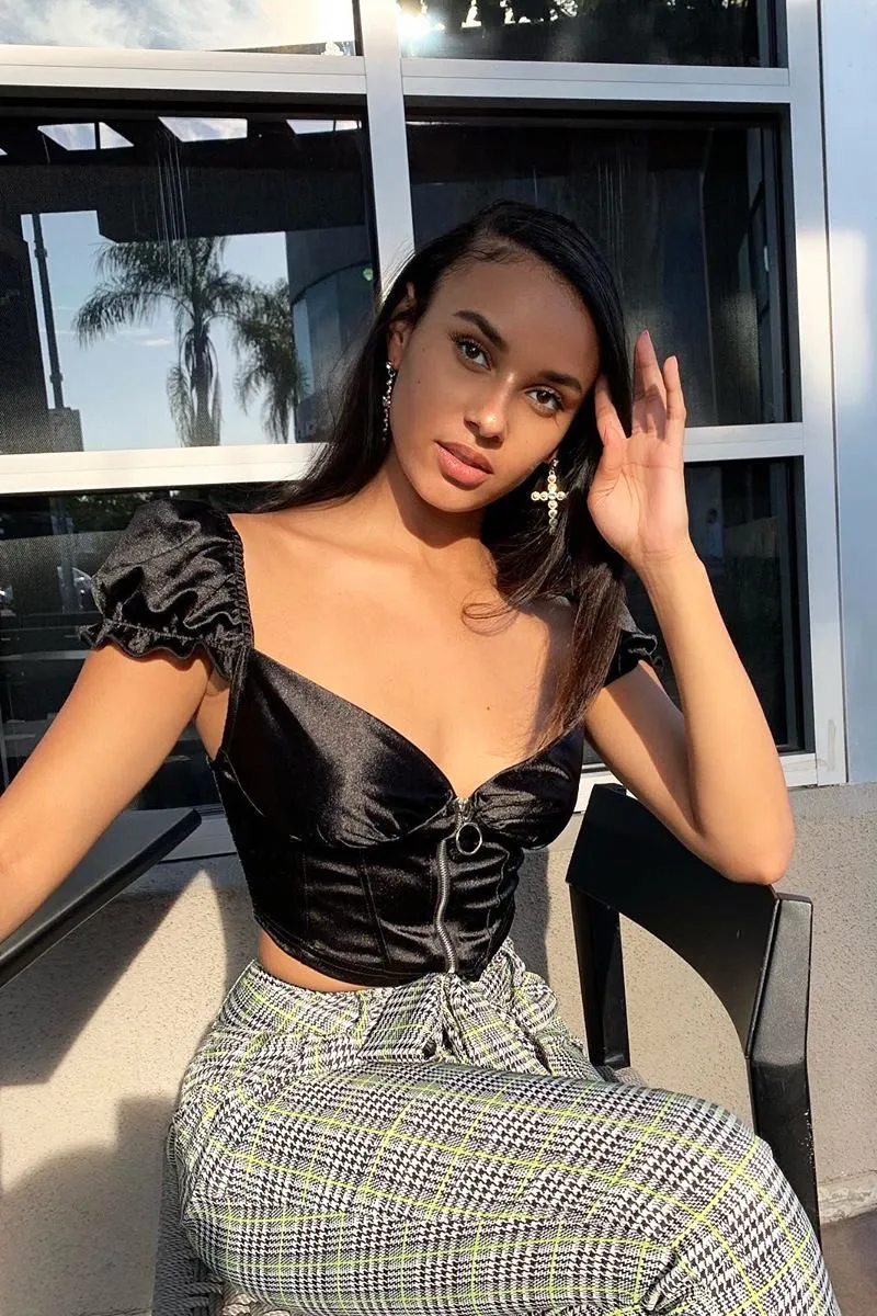 Black Satin Milkmaid Ring Zip Crop Top - Aariel