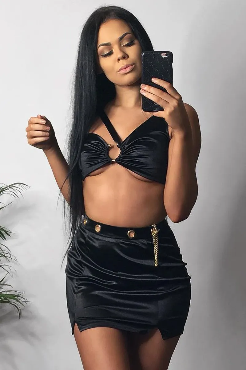 Black Satin One Shoulder Top Skirt Co-Ord - Deandria