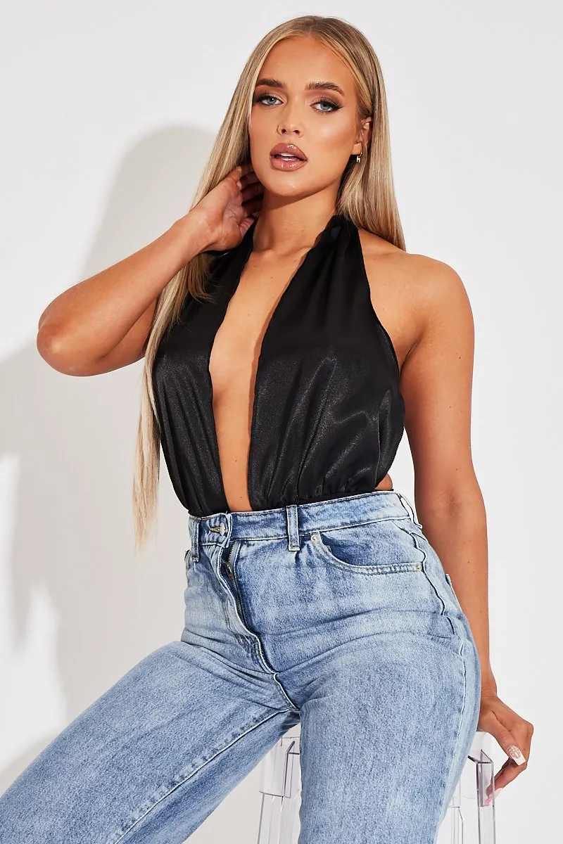 Black Satin Plunge Halter Bodysuit - Aleesia