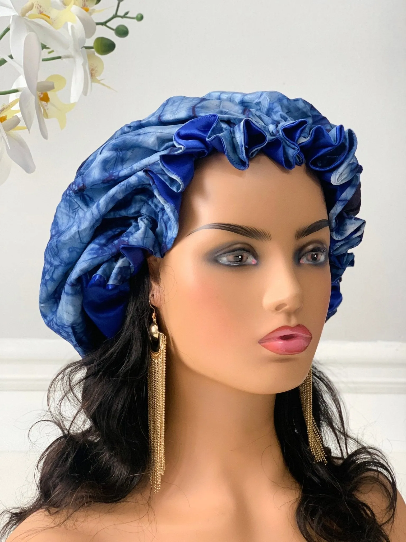 Blue Adire Satin Bonnet