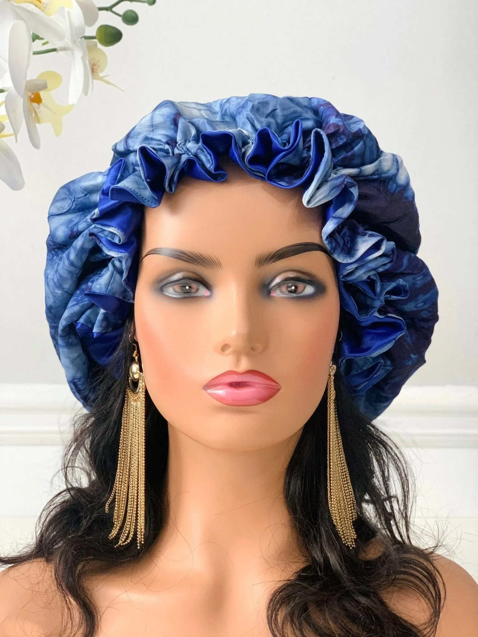 Blue Adire Satin Bonnet
