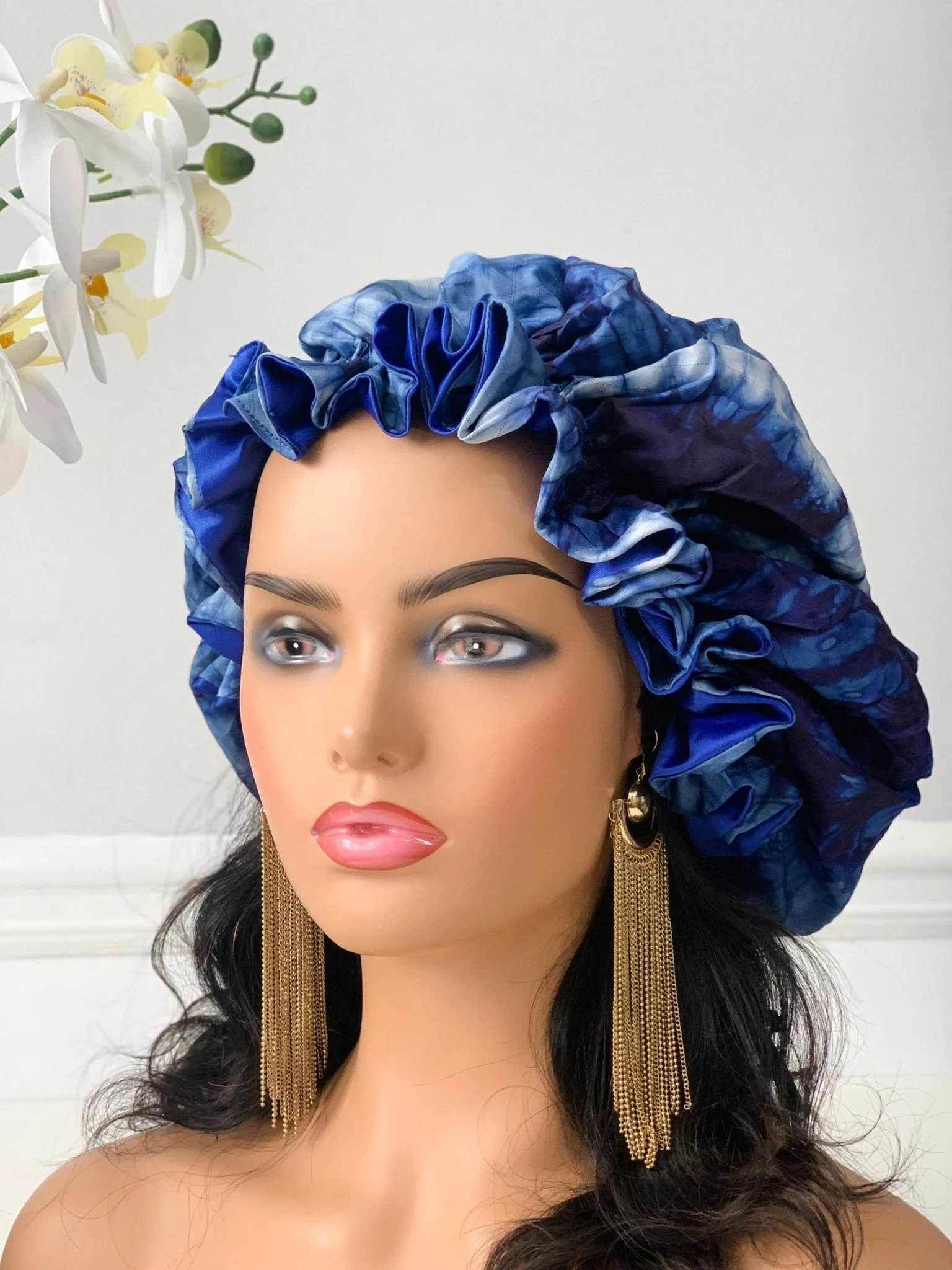 Blue Adire Satin Bonnet