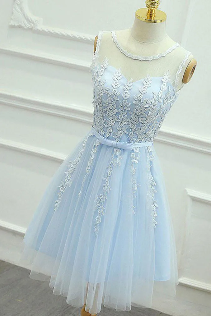 Blue Homecoming Dress Scoop Knee Length Appliques Short Prom Dress Party Dress OHM180
