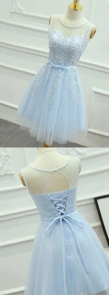 Blue Homecoming Dress Scoop Knee Length Appliques Short Prom Dress Party Dress OHM180