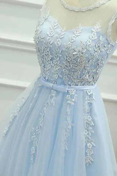Blue Homecoming Dress Scoop Knee Length Appliques Short Prom Dress Party Dress OHM180