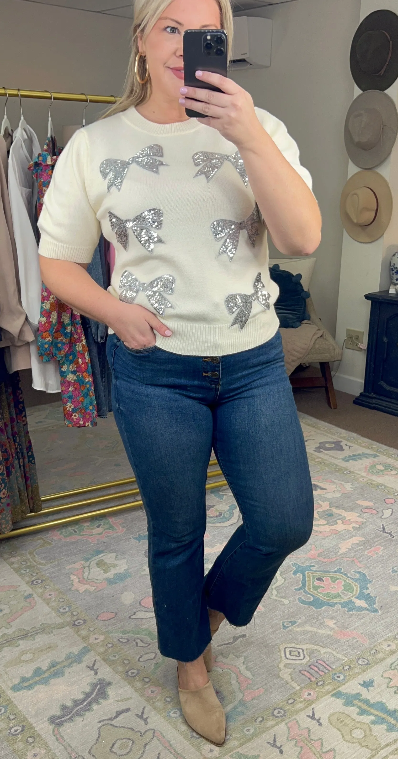 Bow-Stopper Sequin Embellished Knit Top