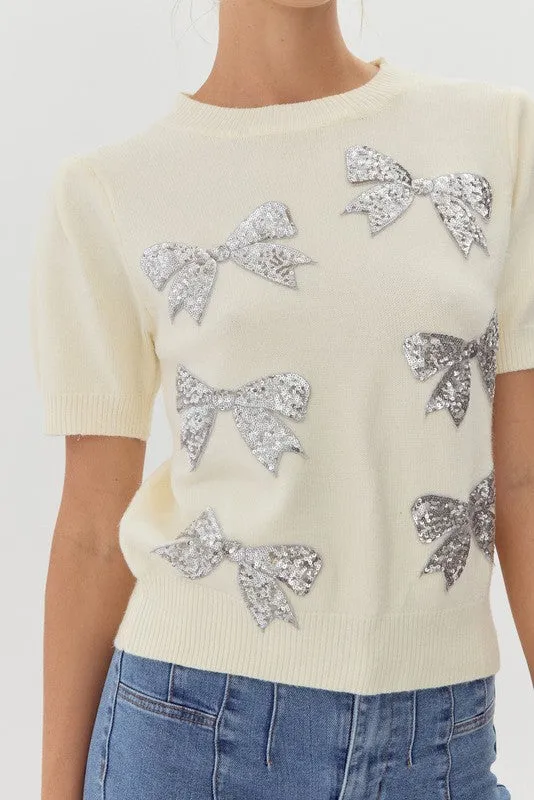 Bow-Stopper Sequin Embellished Knit Top