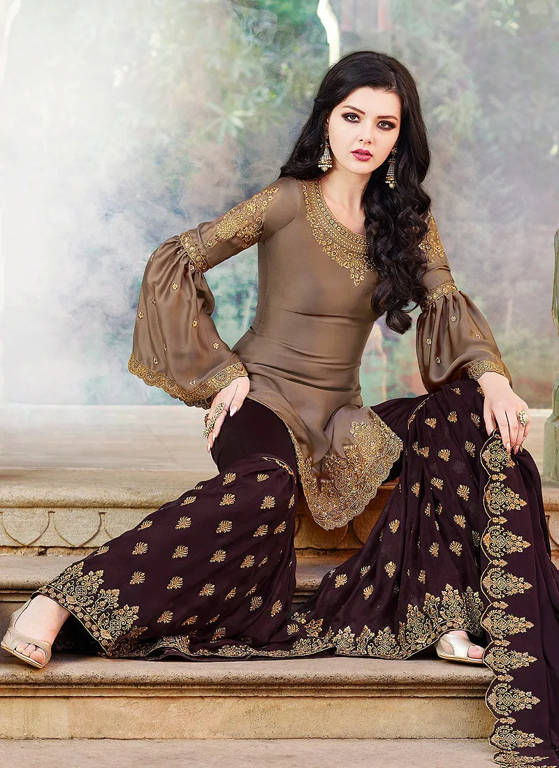 Brown Two Tone Embroidered Gharara Suit