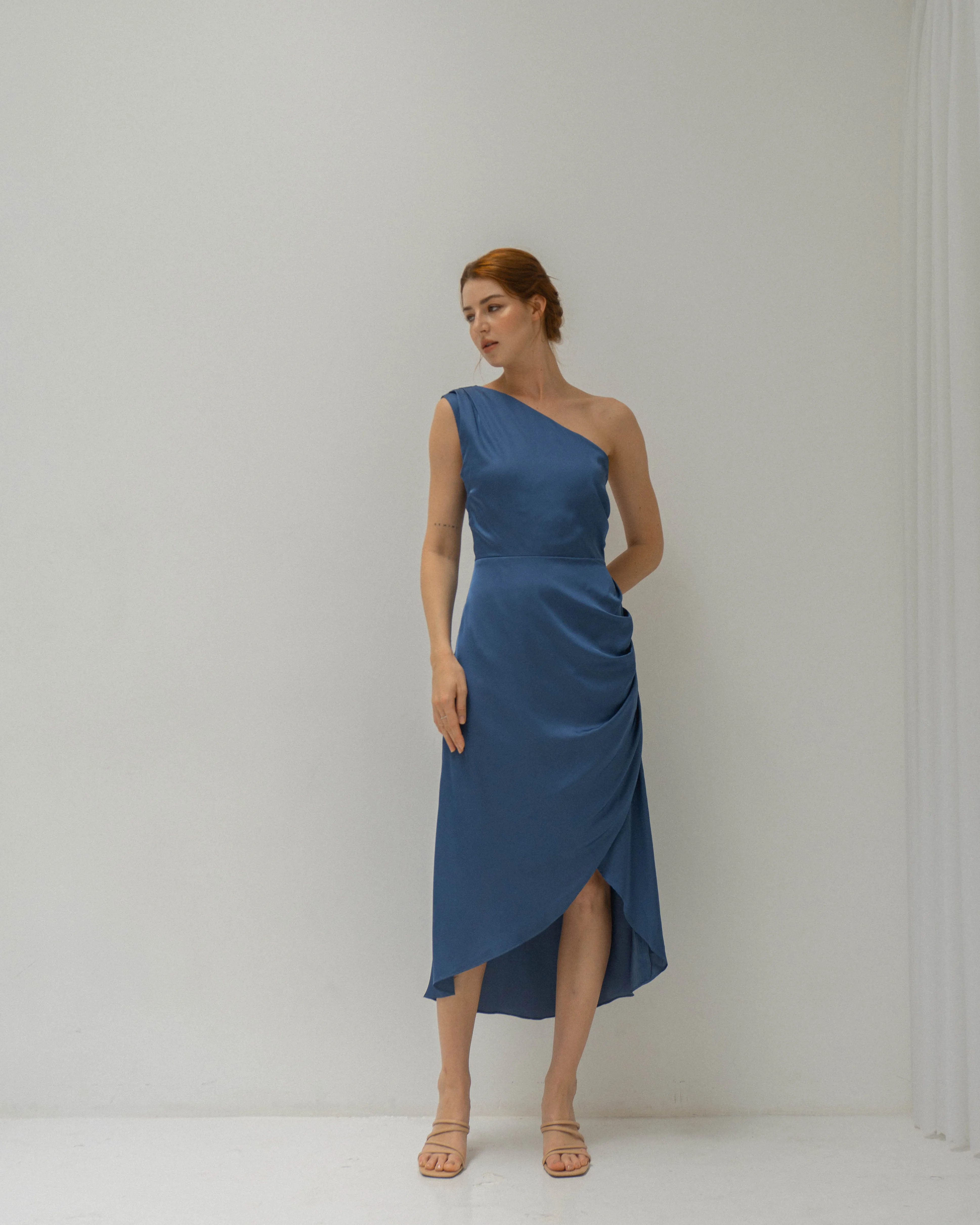 Celeste One Shoulder Tea Length Satin Dress