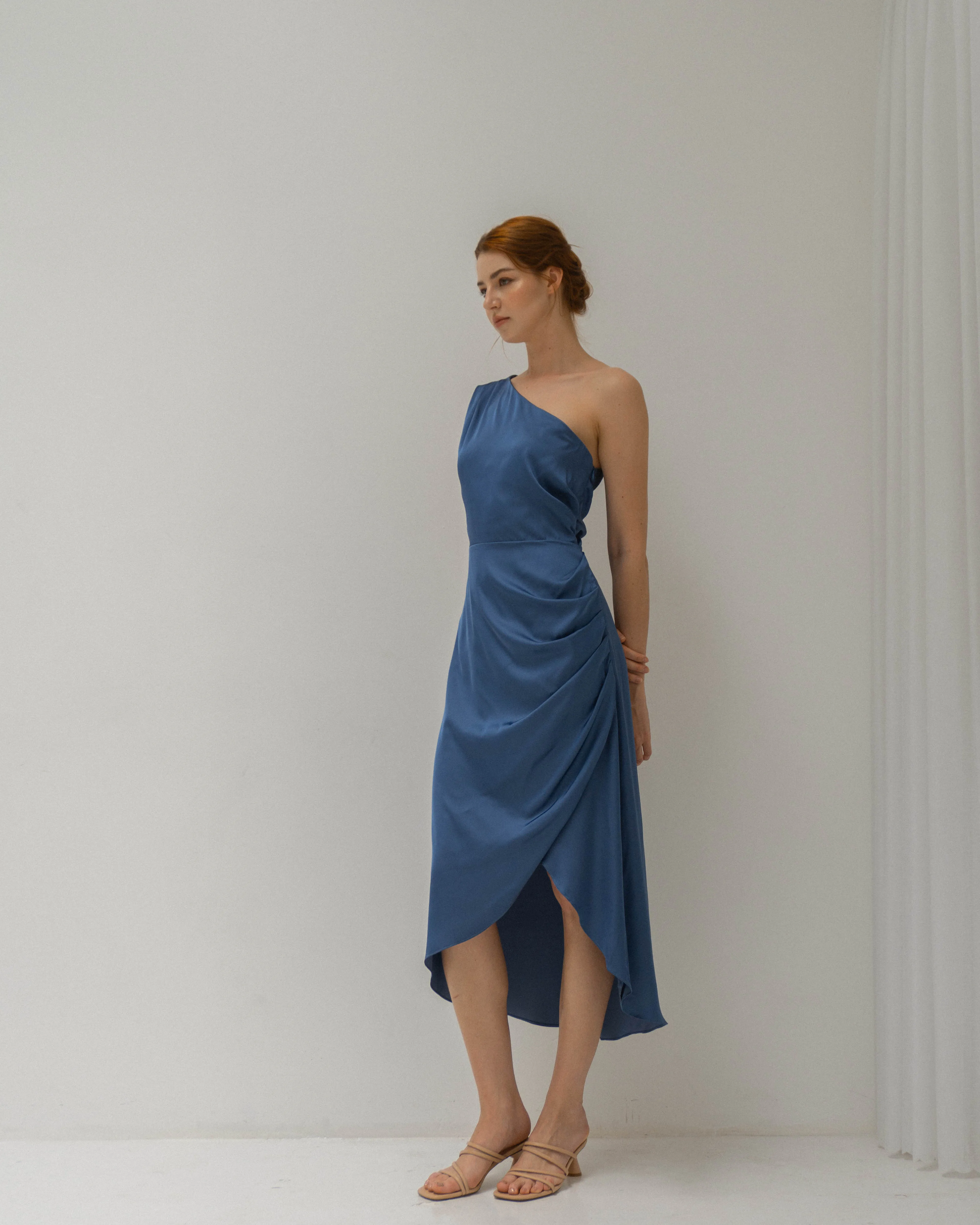 Celeste One Shoulder Tea Length Satin Dress
