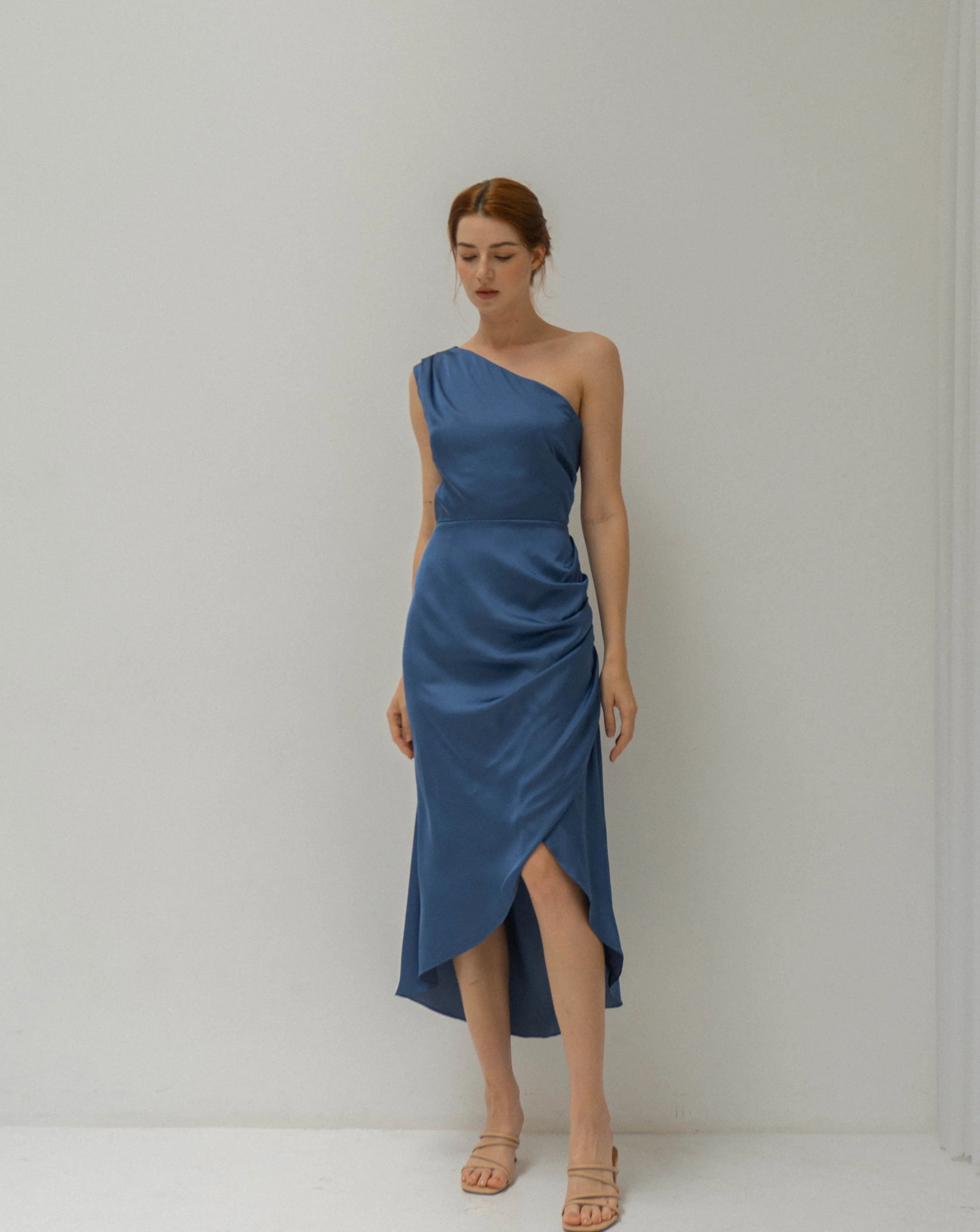 Celeste One Shoulder Tea Length Satin Dress