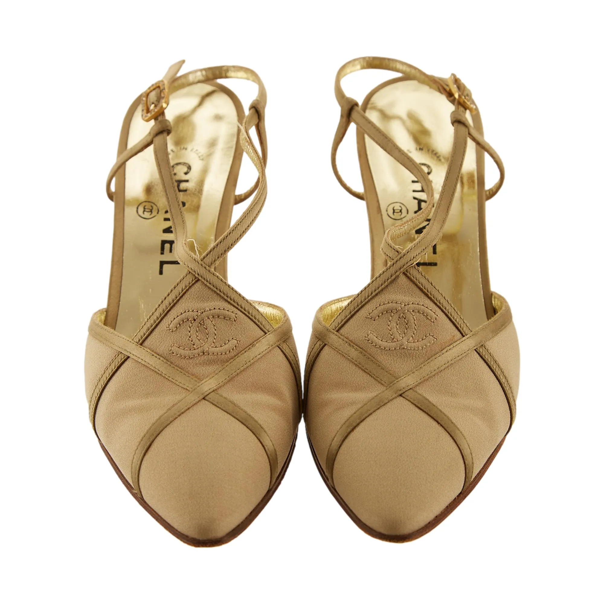 Chanel Sage Satin Logo Heels