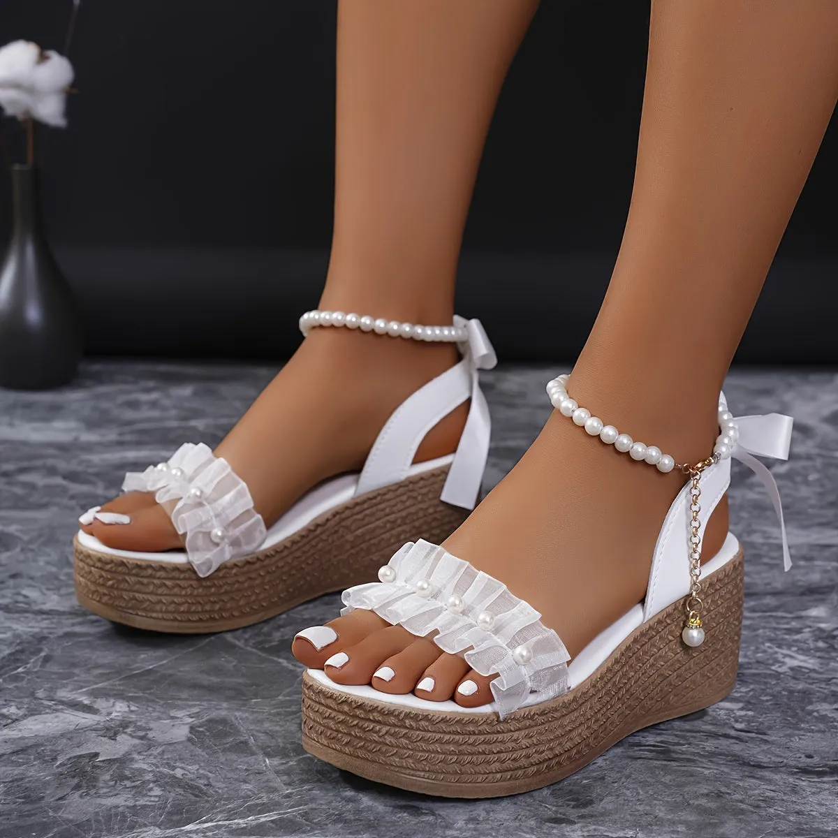 Chic Faux Pearl Wedge Sandals – Open Toe, Ankle Strap, Platform Heel
