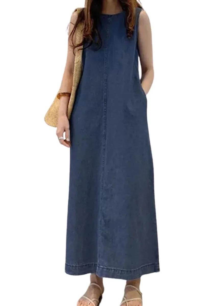 Chouyatou Womens Casual Sleeveless Maxi Denim Dress Crewneck Vintage Loose Long Tank Jean Dress with Pockets