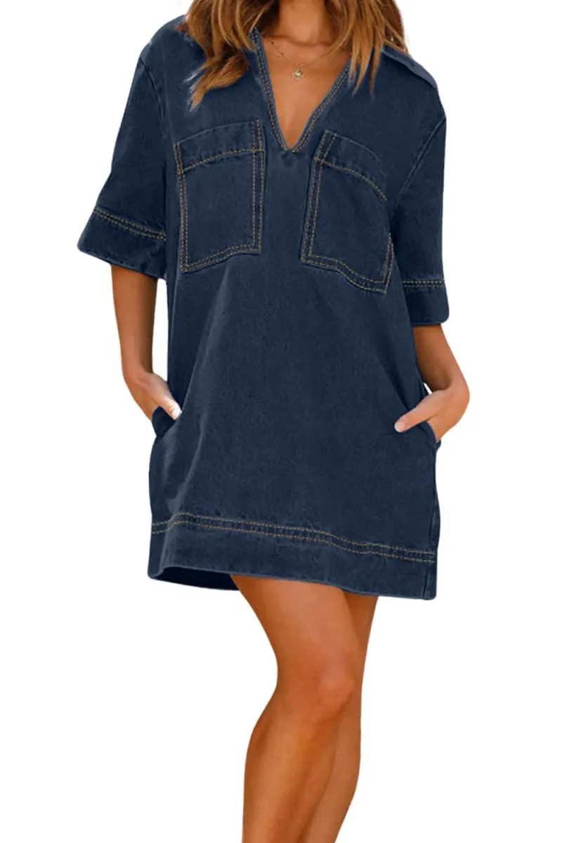 Chouyatou Womens Summer Casual Denim Dress Short Sleeve V Neck Distressed Jean Dresses Mini Shirt Dress