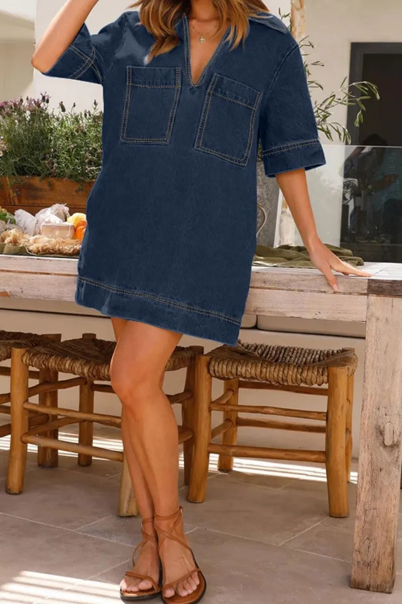 Chouyatou Womens Summer Casual Denim Dress Short Sleeve V Neck Distressed Jean Dresses Mini Shirt Dress