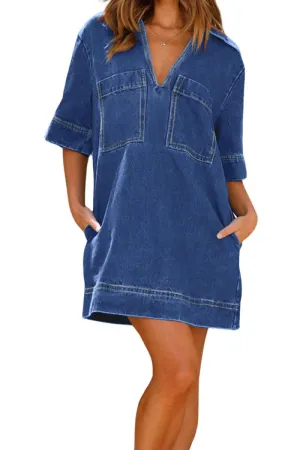 Chouyatou Womens Summer Casual Denim Dress Short Sleeve V Neck Distressed Jean Dresses Mini Shirt Dress