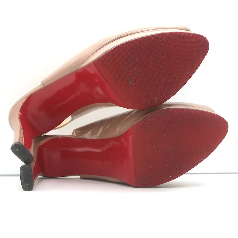 Christian Louboutin Slingback Sandals Nude Patent Leather Size 39 Peep Toe Heels