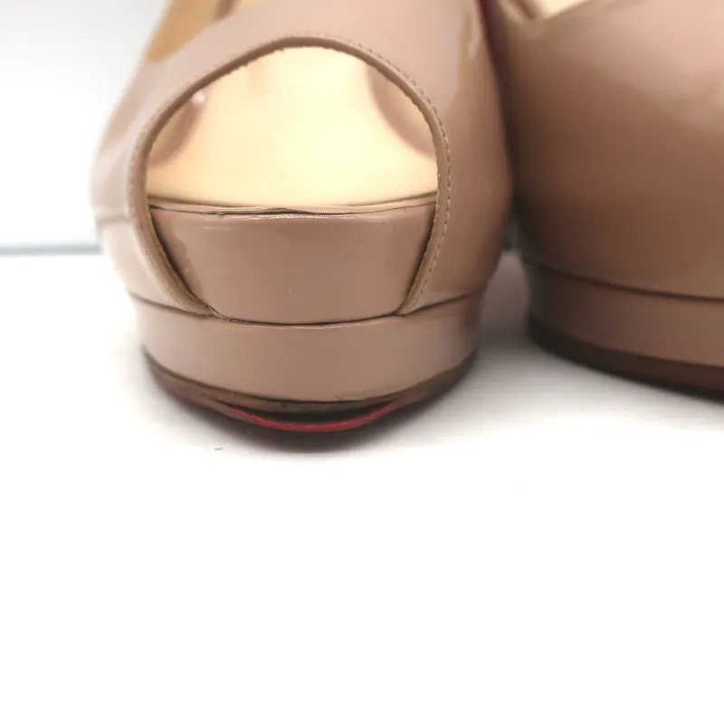 Christian Louboutin Slingback Sandals Nude Patent Leather Size 39 Peep Toe Heels