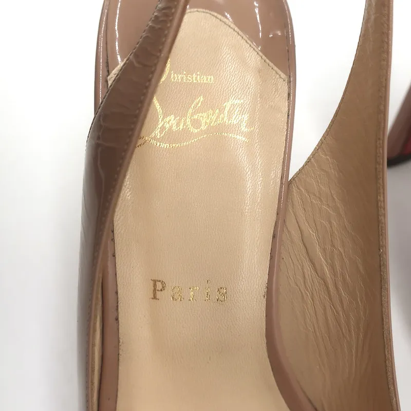 Christian Louboutin Slingback Sandals Nude Patent Leather Size 39 Peep Toe Heels