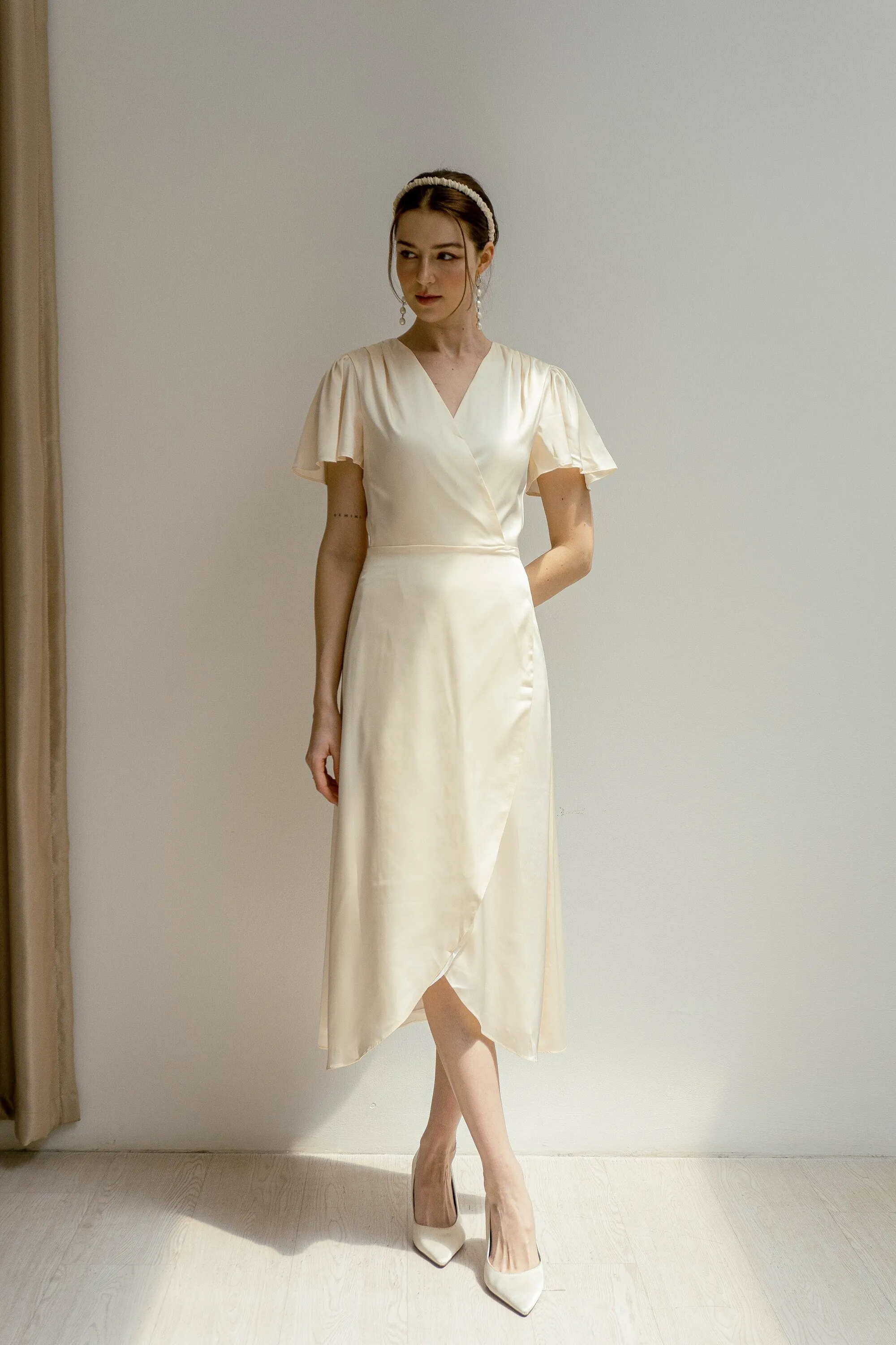 Claudia Deep V Neck Tea Length Wrap Dress