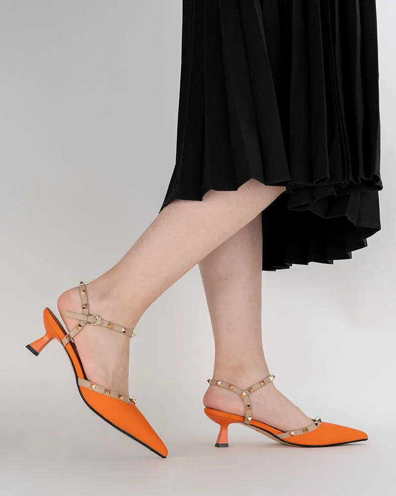 (Clean Up) Lychee Pattern Rivet Decor Ankle Strap Slingback Sandals