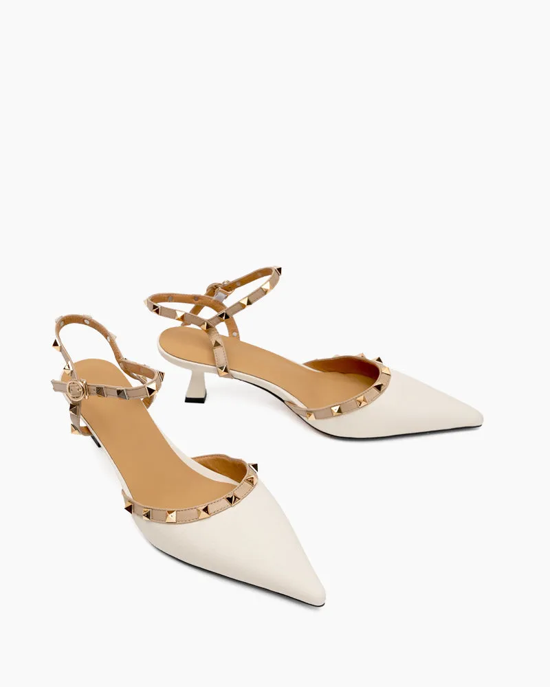 (Clean Up) Lychee Pattern Rivet Decor Ankle Strap Slingback Sandals