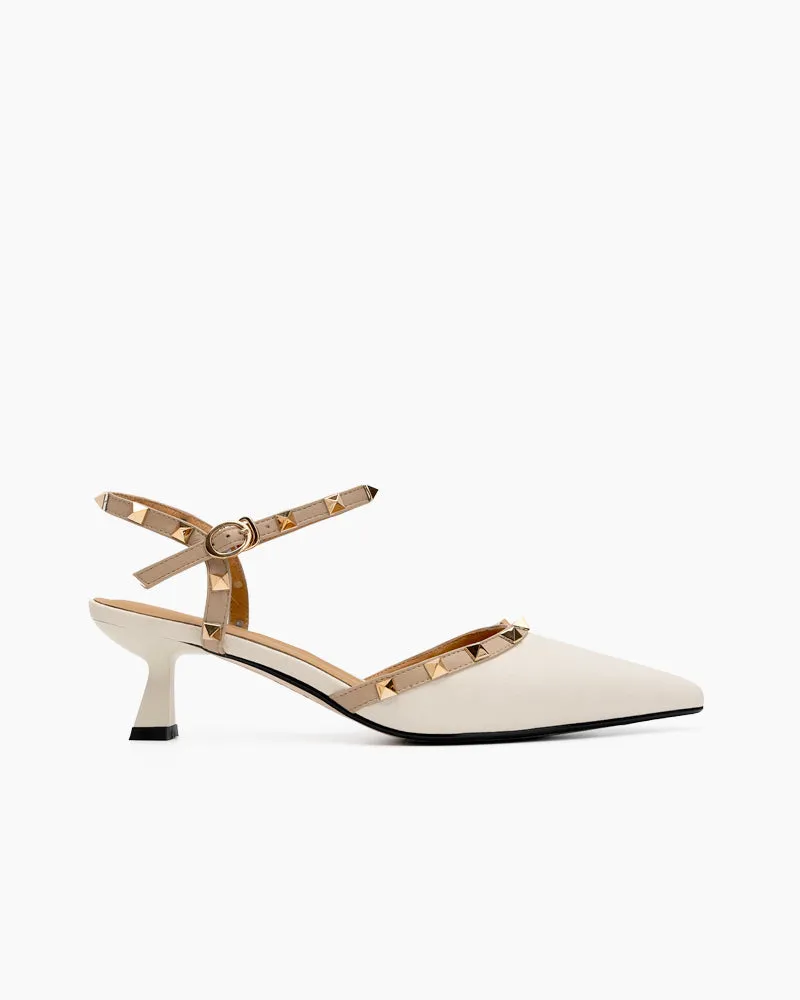 (Clean Up) Lychee Pattern Rivet Decor Ankle Strap Slingback Sandals